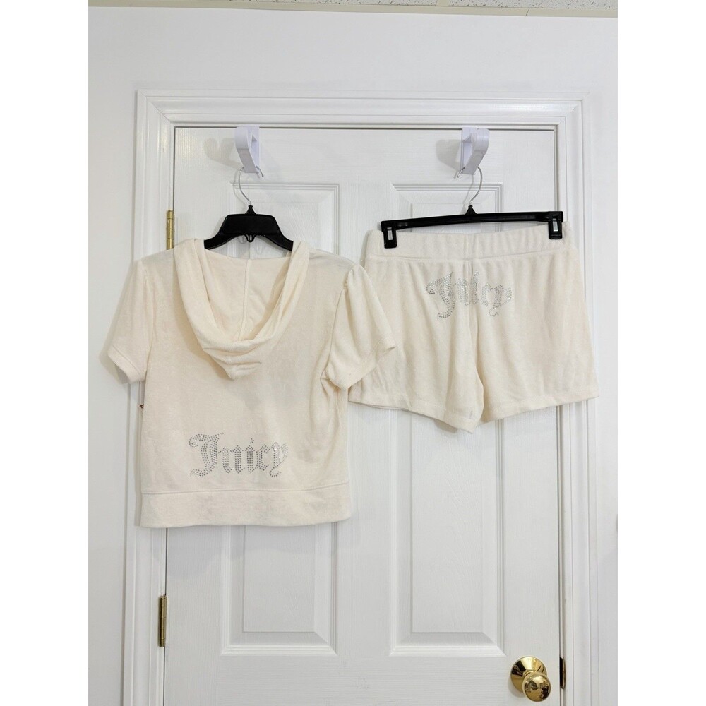 Juicy Couture Oyster Terry Cloth Short Sleeve Hoodie and Shorts Set Medium